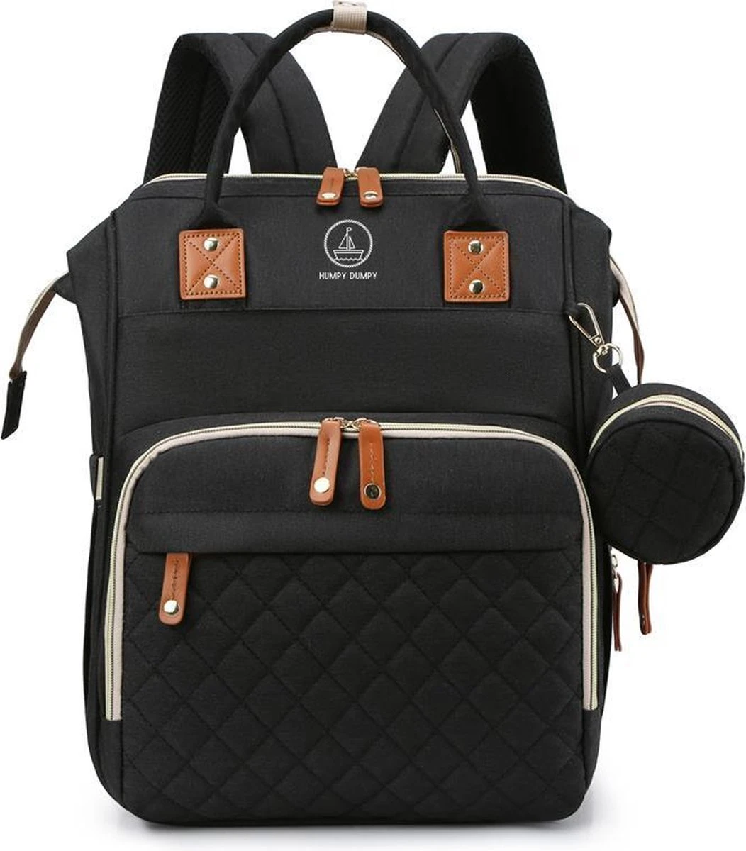 Humpy Dumpy Stijlvolle Luiertas Rugzak (Zwart) Met Uitschuifbaar Verschoon/ Slaap Bedje. Incl. Verschoon Matje, USB Poort & Buggy Straps - Afbeelding 6