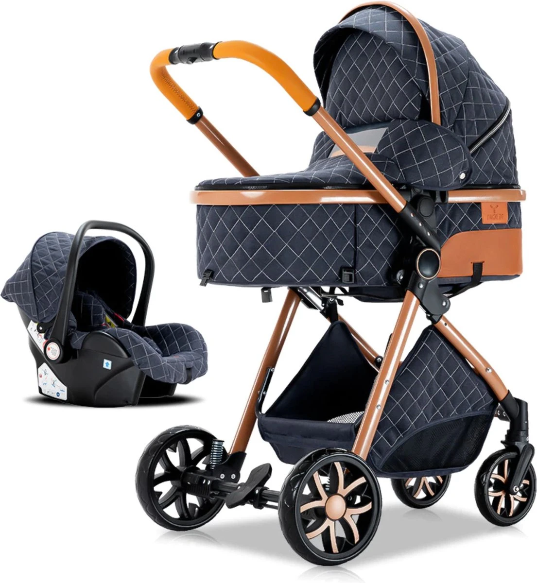 Merkloos Kinderwagen 3-in-1 – Luxe Kinderwagen - Buggy – Wandelwagen - Multifunctioneel – Opklapbaar – Incl Autostoel – Blauw - Image 2