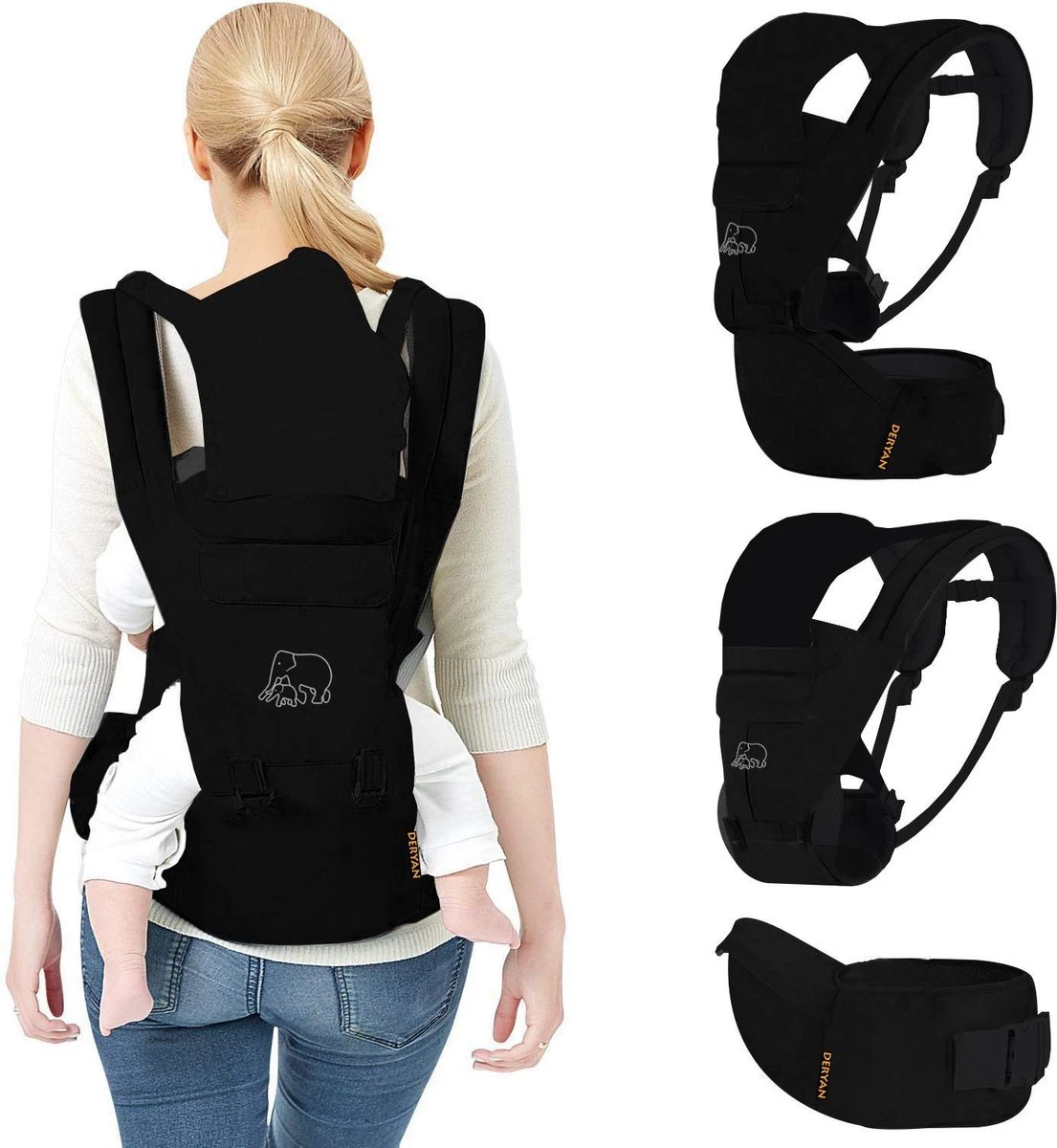 Deryan Pack Luxe Ergonomische Draagzak - Babydrager + Opbergvakjes - Zwart - Image 3