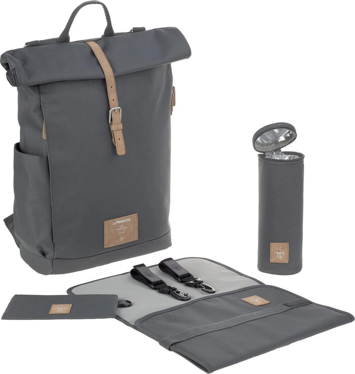 LÄSSIG Luiertas Rolltop Backpack Rugzak Incl Verschoningsmatje Antraciet - Image 5