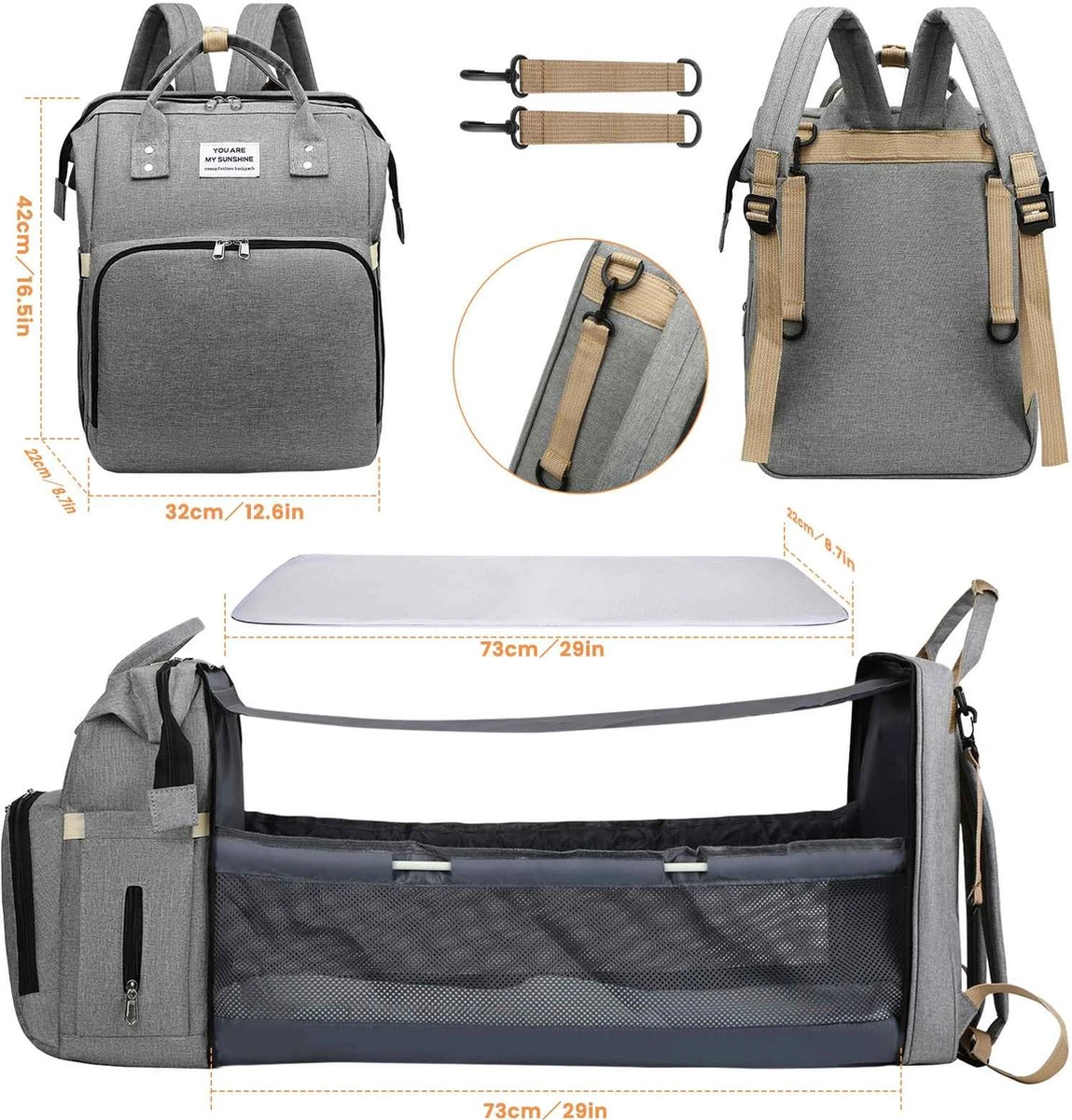 Product Plaza - Luier- En Verzorgingstas - Baby Rug Tas Met Bed - Reis Rugzak - Grote Capaciteit - Jongens En Meisjes - Grijs - Luier Tas - Verzorgingstas Baby - Uitschuifbaar Verschoon/ Slaap Bedje – Multifunctionele Rugzak 0-1 Jaar – - Image 9