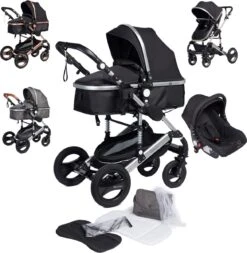 Bronea EXQUISE Luxe Multi-functionele Kinderwagen 3 In 1 | Zwart / Silver | Incl. MATRAS, Buggy, Autostoel, Luiertas, Regenhoes, Voetenwarmer, Muggen Net & Zonneklep