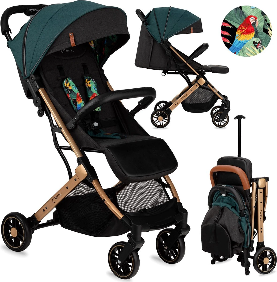 MoMi Wandelwagen - Compacte Lichtgewicht Buggy - Estelle - Green-Gold (geschikt Van 6mnd - 15kg)