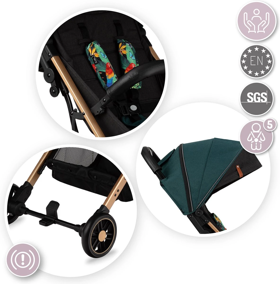 MoMi Wandelwagen - Compacte Lichtgewicht Buggy - Estelle - Green-Gold (geschikt Van 6mnd - 15kg) - Image 14