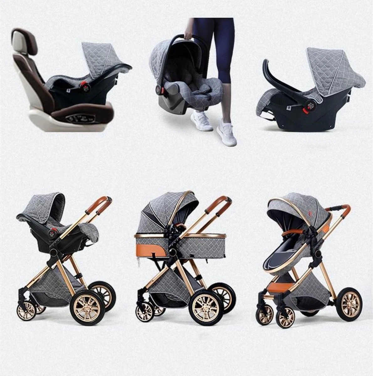 Merkloos Kinderwagen 3-in-1 – Luxe Kinderwagen - Buggy – Wandelwagen - Multifunctioneel – Opklapbaar – Incl Autostoel – Grijs - Image 7