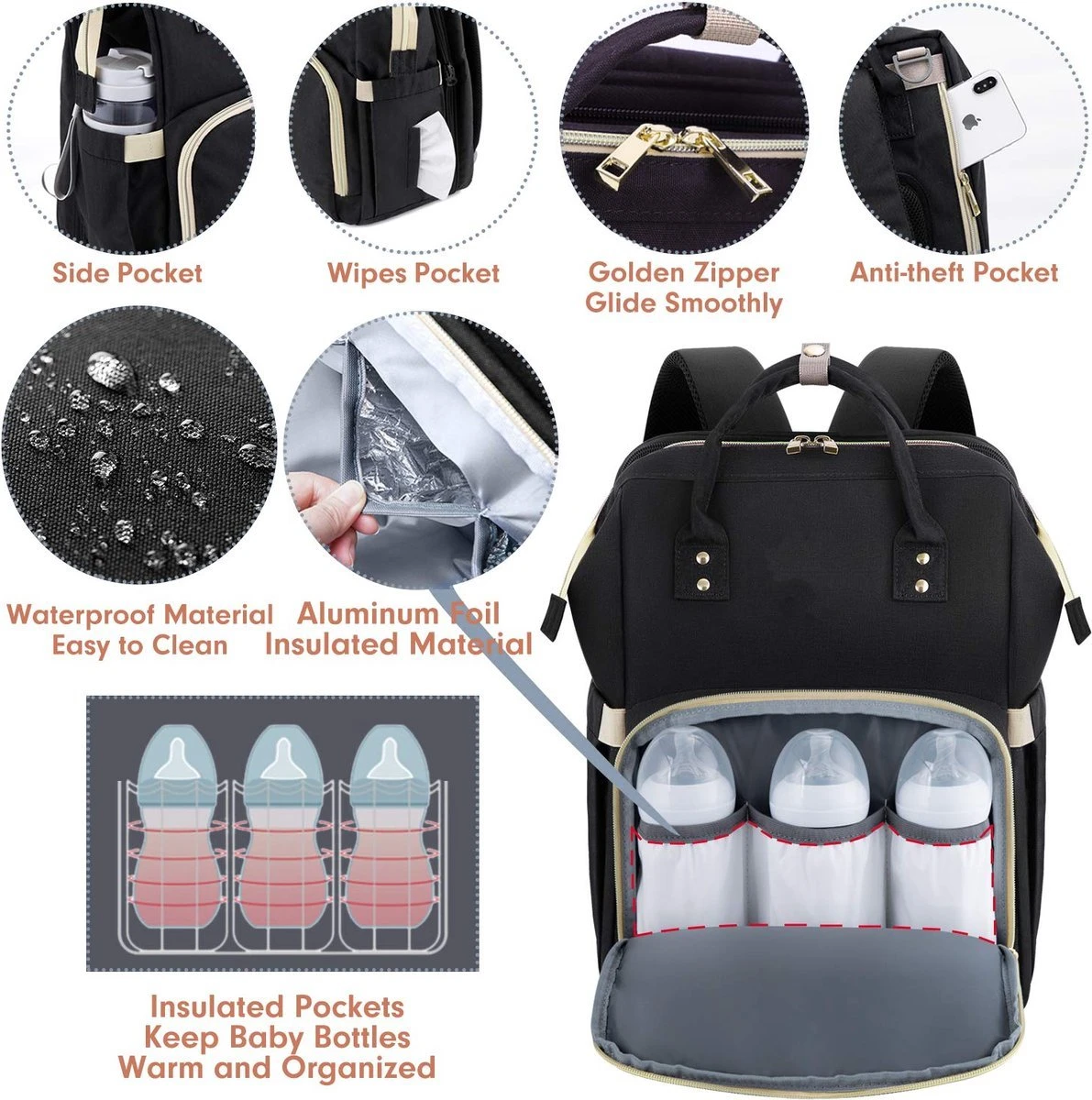 Merkloos Luiertas - Luier- En Verzorgingstas - Baby Rug Tas Met Isoleervak - Kerstcadeau Diaper Backpack Bag - Reis Rugzak Inclusief Buggy En Kinderwagen Haken - Grote Capaciteit - Unisex/Jongens/Meisjes - Zwart - Image 3