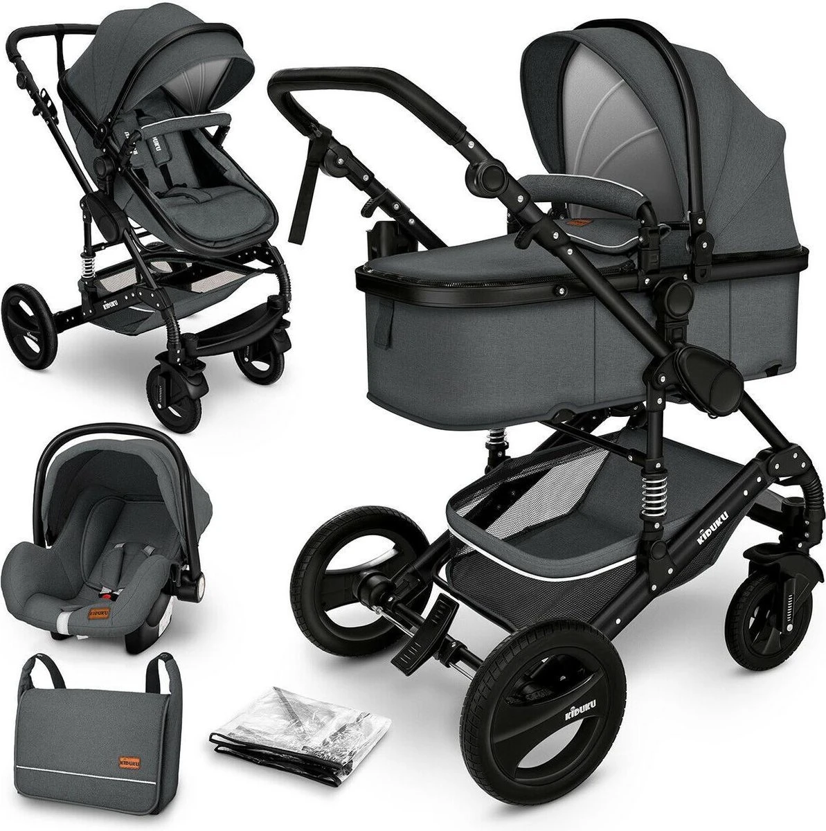 KIDUKU- 3 In 1 Combi-kinderwagen- Antraciet/zwart Buggy Incl. Autostoeltje-regenhoes- Inklapbaar
