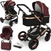 KIDUKU- 3 In 1 Combi-kinderwagen- Bordeaux- Zwart-goud- Buggy Incl. Autostoeltje-regenhoes- Inklapbaar