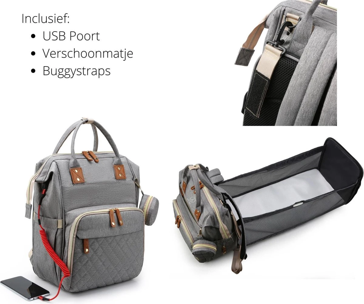 Humpy Dumpy Stijlvolle Luiertas Rugzak (Zwart) Met Uitschuifbaar Verschoon/ Slaap Bedje. Incl. Verschoon Matje, USB Poort & Buggy Straps - Afbeelding 4