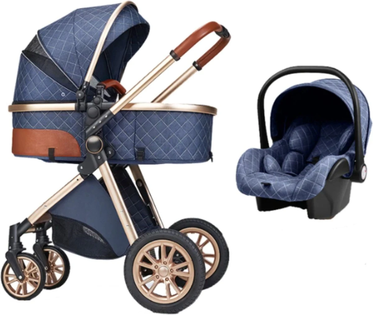 Merkloos Kinderwagen 3-in-1 – Luxe Kinderwagen - Buggy – Wandelwagen - Multifunctioneel – Opklapbaar – Incl Autostoel – Blauw - Image 10