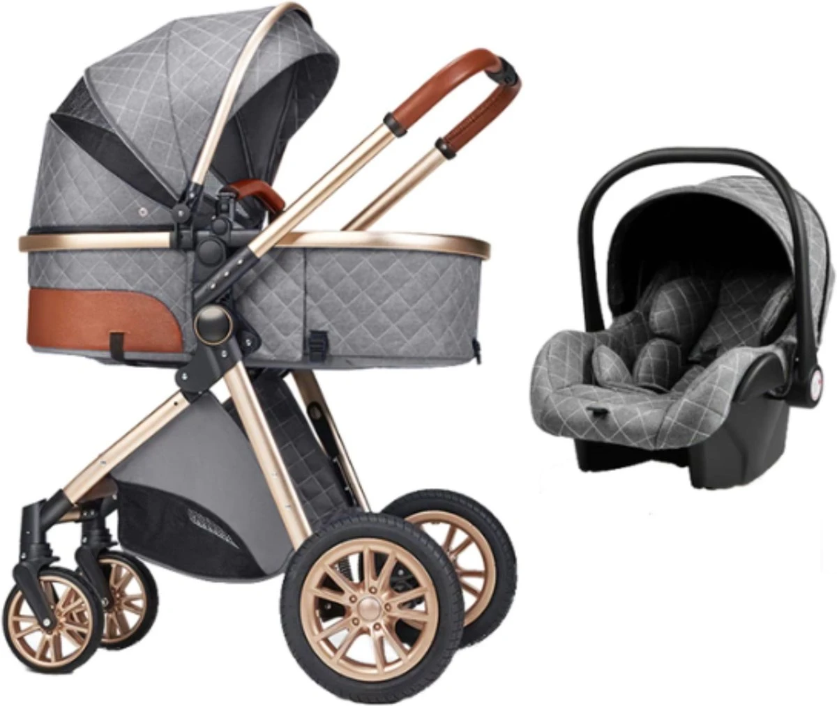 Merkloos Kinderwagen 3-in-1 – Luxe Kinderwagen - Buggy – Wandelwagen - Multifunctioneel – Opklapbaar – Incl Autostoel – Grijs - Image 2