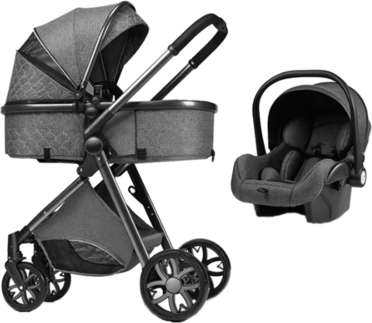 Merkloos Kinderwagen 3-in-1 – Luxe Kinderwagen - Buggy – Wandelwagen - Multifunctioneel – Opklapbaar – Incl Autostoel – Donkergrijs - Image 2