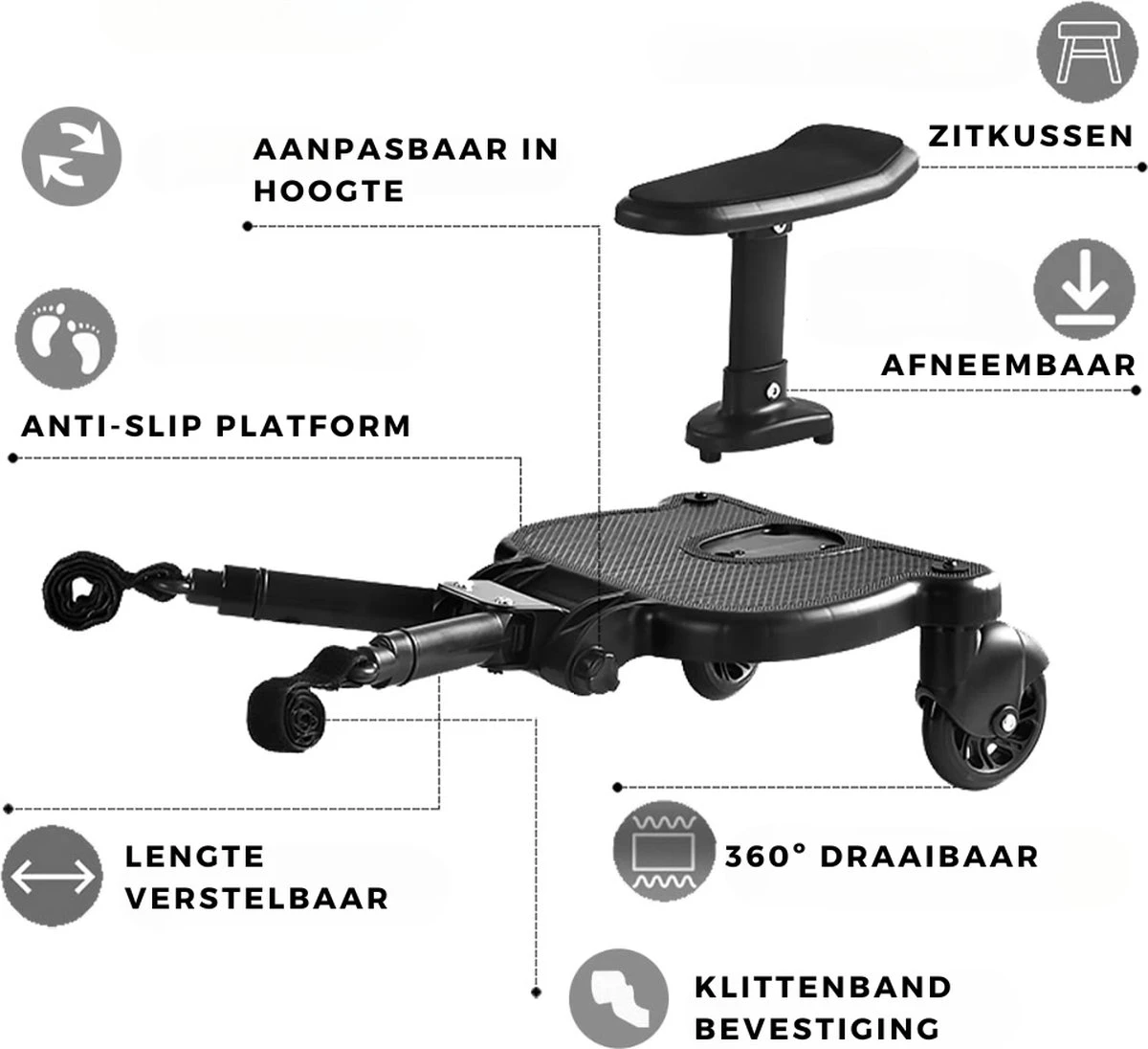 Merkloos Kinderwagen/Buggy Meerijdplankje - Kant & Klaar - In Elkaar Gezet - Universeel – Met Zitje – Verstelbaar – Zwart - Image 3
