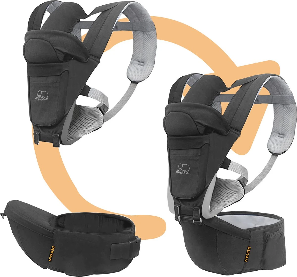 Deryan Pack Luxe Ergonomische Draagzak Babydrager + Opbergvakjes Grijs - Image 12