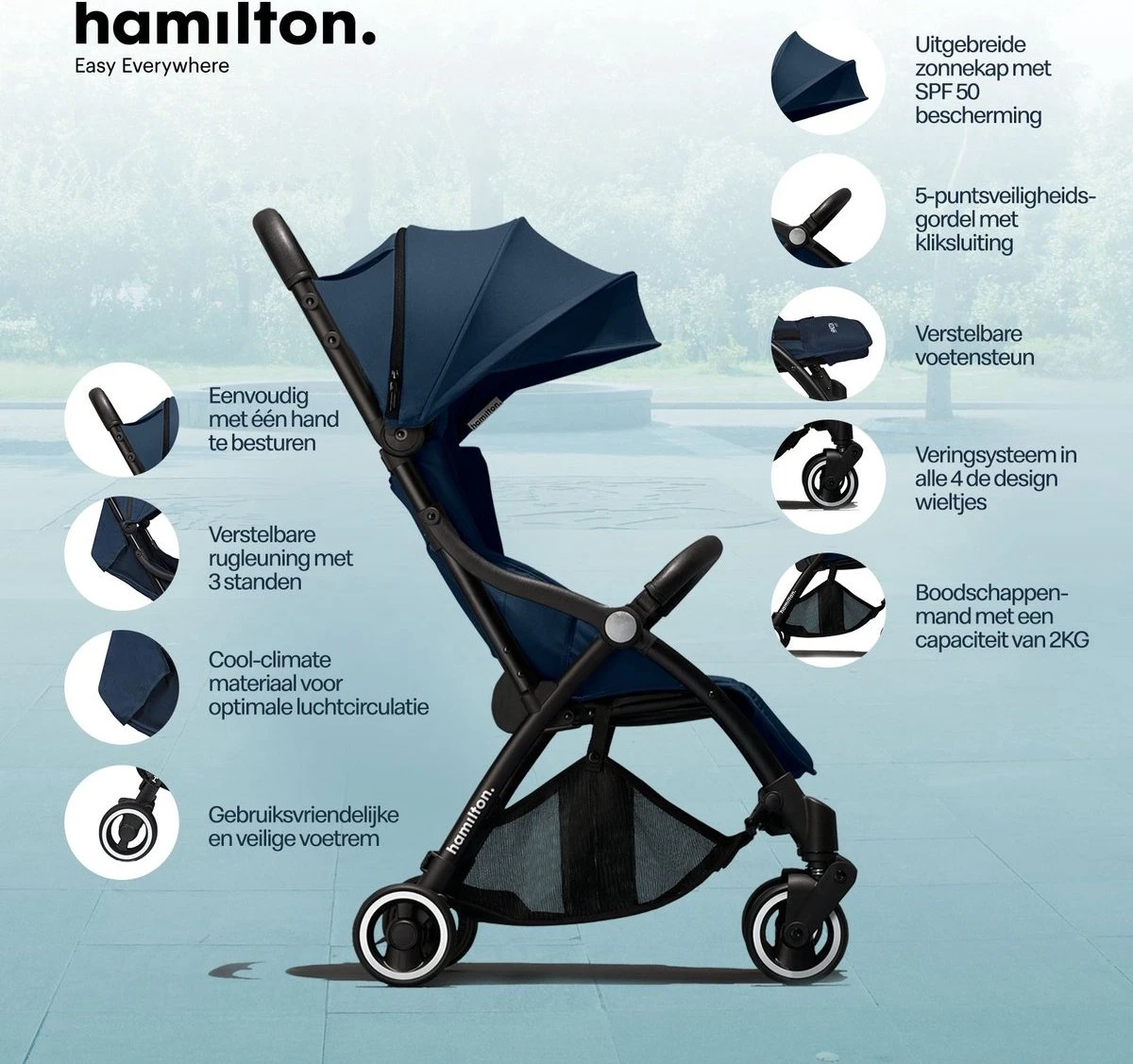 Hamilton By Yoop One Prime X1 Buggy - Premium Stroller Met One Hand Folding Technologie - Blauw - Lichte, Verstelbare En Wendbare Kinderwagen Met Vele Gemakken - Afbeelding 3