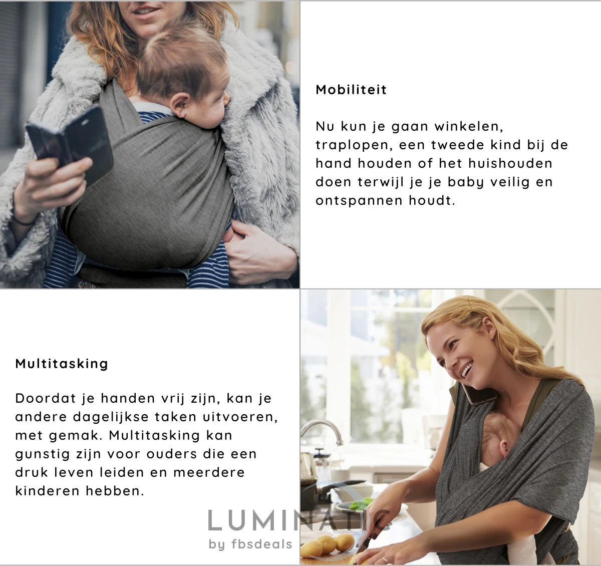 Baby Draagdoek - Babywrap - Baby Carrier - Babydrager - Buikdrager Baby – Baby Draagzak - Baby Sling | Luminatic® | Ergonomisch | Met Tasje | Donker Grijs - Image 6