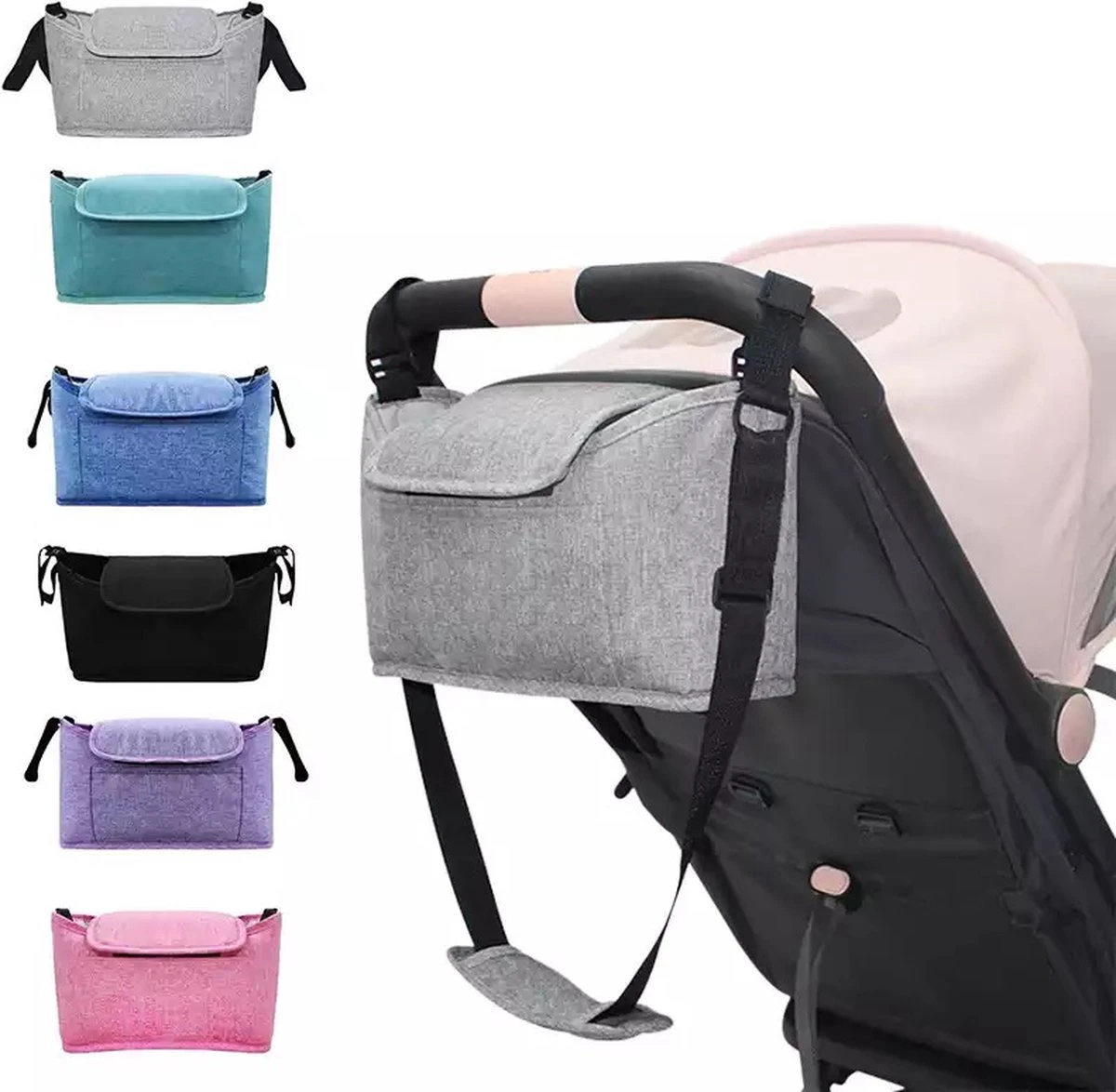 3 In 1 Kinderwagen Tas Universele Wandelwagen | Luiertas Draagtas Reistas Met Fles En Bekerhouder | - Zwart - Image 2