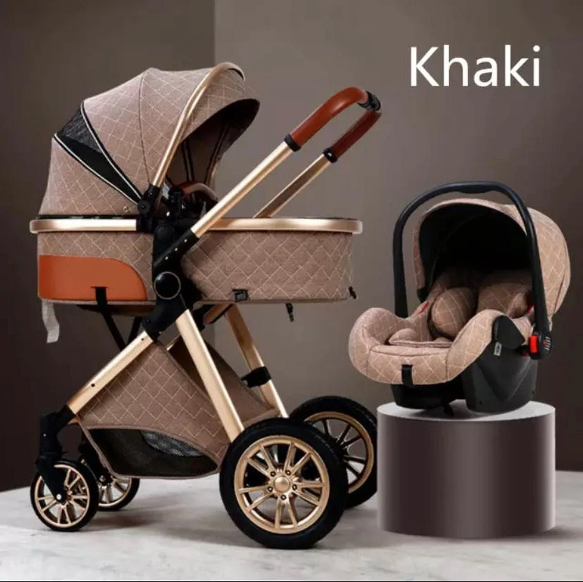 Merkloos Luxe Multi-functionele 3 In 1 Kinderwagen - Kwalitatieve Buggy - Opklapbare Wandelwagen - Khaki
