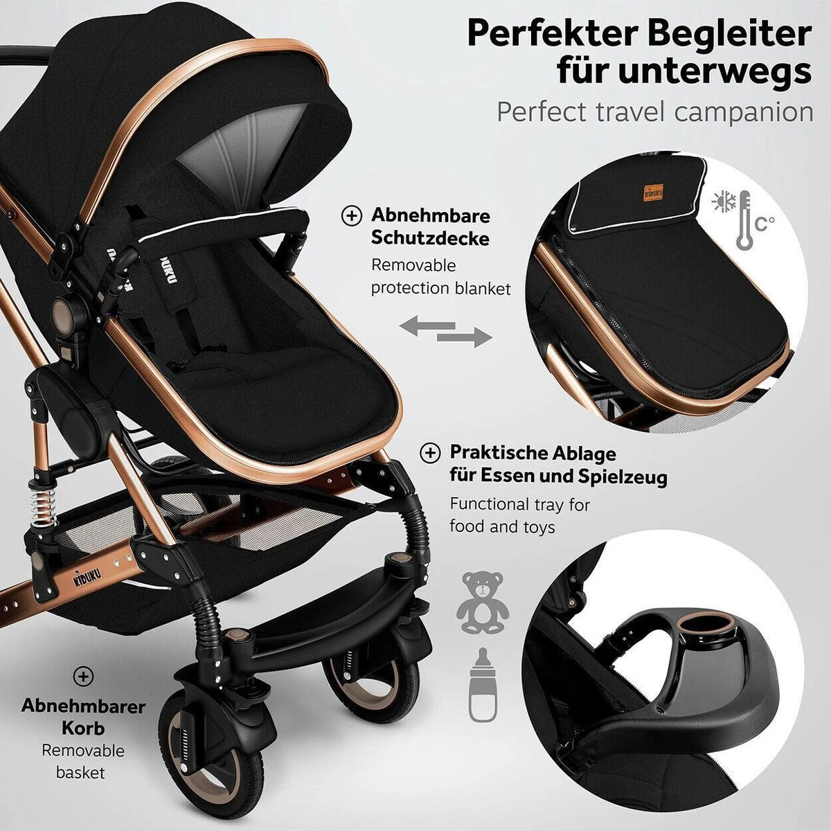 KIDUKU- 3 In 1 Combi-kinderwagen- Zwart/goud- Buggy Incl. Autostoeltje-regenhoes- Inklapbaar - Image 2
