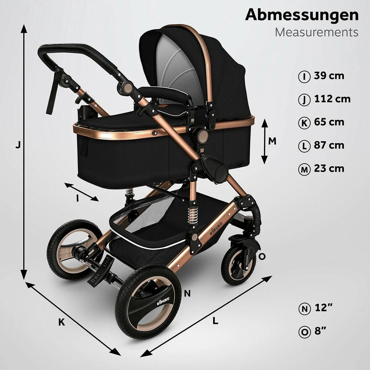 KIDUKU- 3 In 1 Combi-kinderwagen- Zwart/goud- Buggy Incl. Autostoeltje-regenhoes- Inklapbaar - Image 3