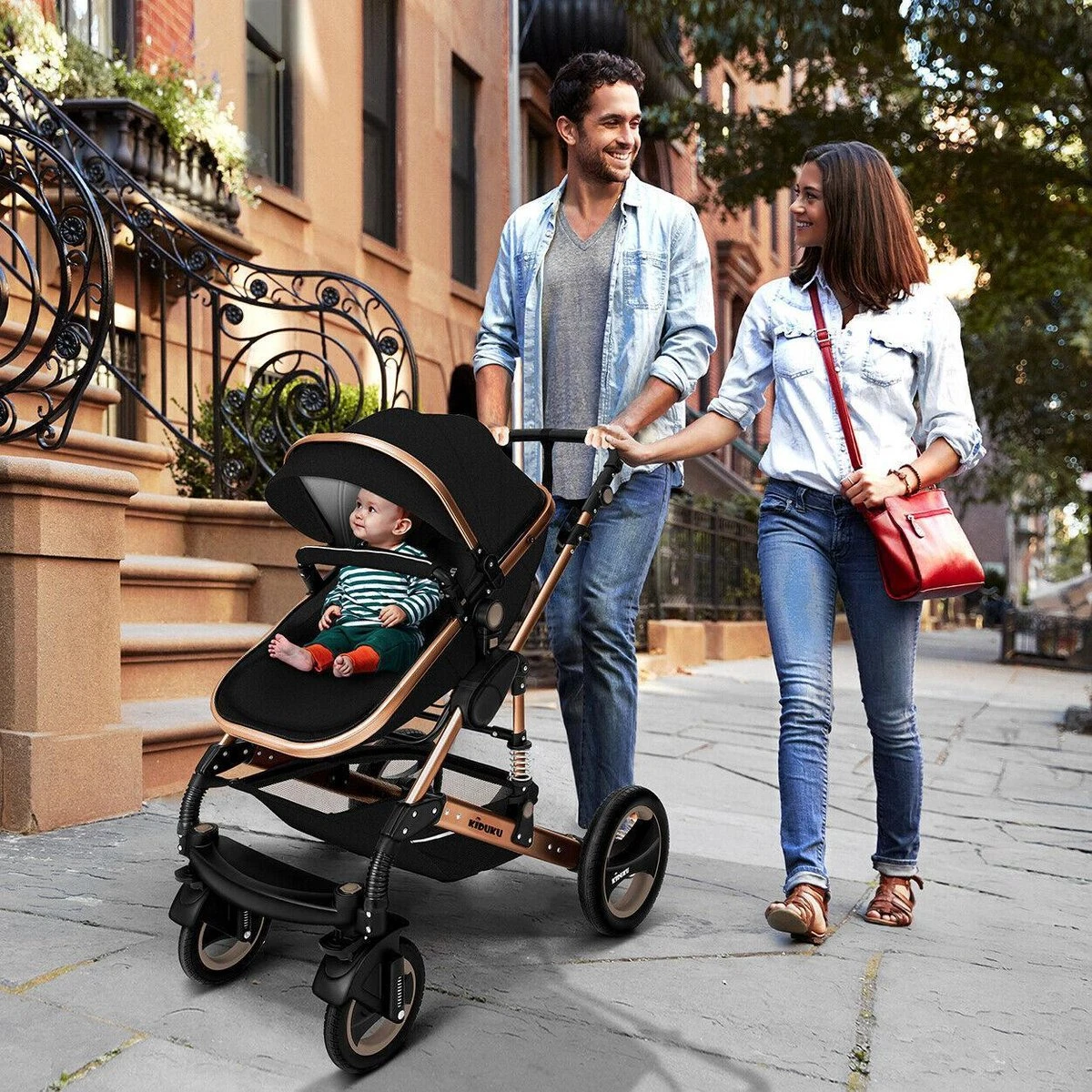 KIDUKU- 3 In 1 Combi-kinderwagen- Zwart/goud- Buggy Incl. Autostoeltje-regenhoes- Inklapbaar - Image 4