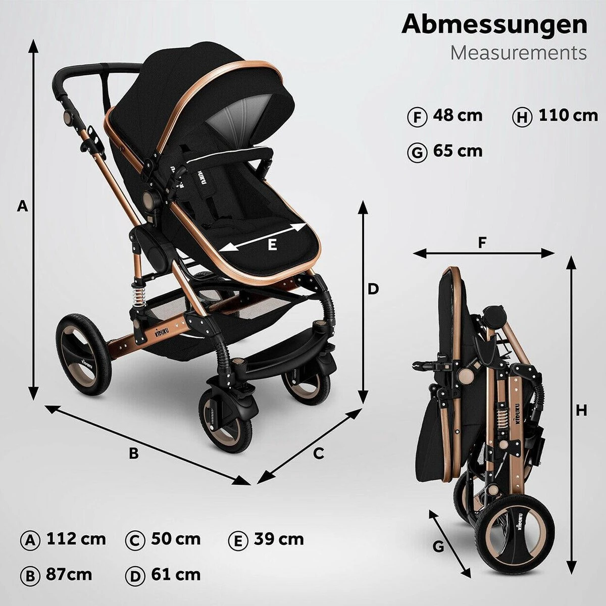KIDUKU- 3 In 1 Combi-kinderwagen- Zwart/goud- Buggy Incl. Autostoeltje-regenhoes- Inklapbaar - Image 7