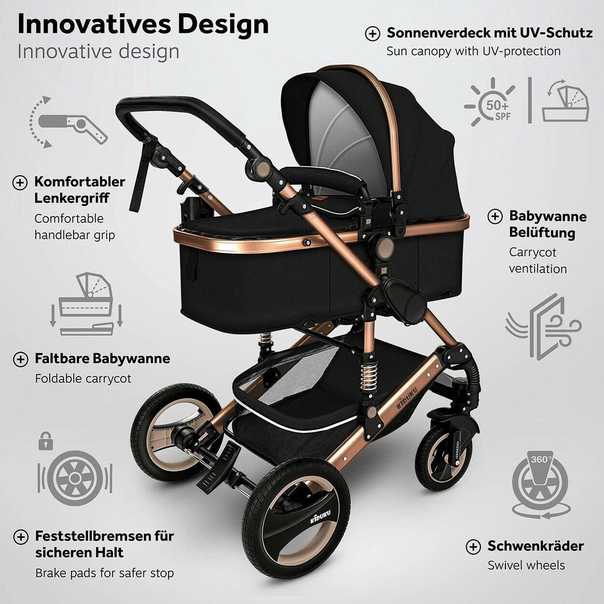 KIDUKU- 3 In 1 Combi-kinderwagen- Zwart/goud- Buggy Incl. Autostoeltje-regenhoes- Inklapbaar - Image 9