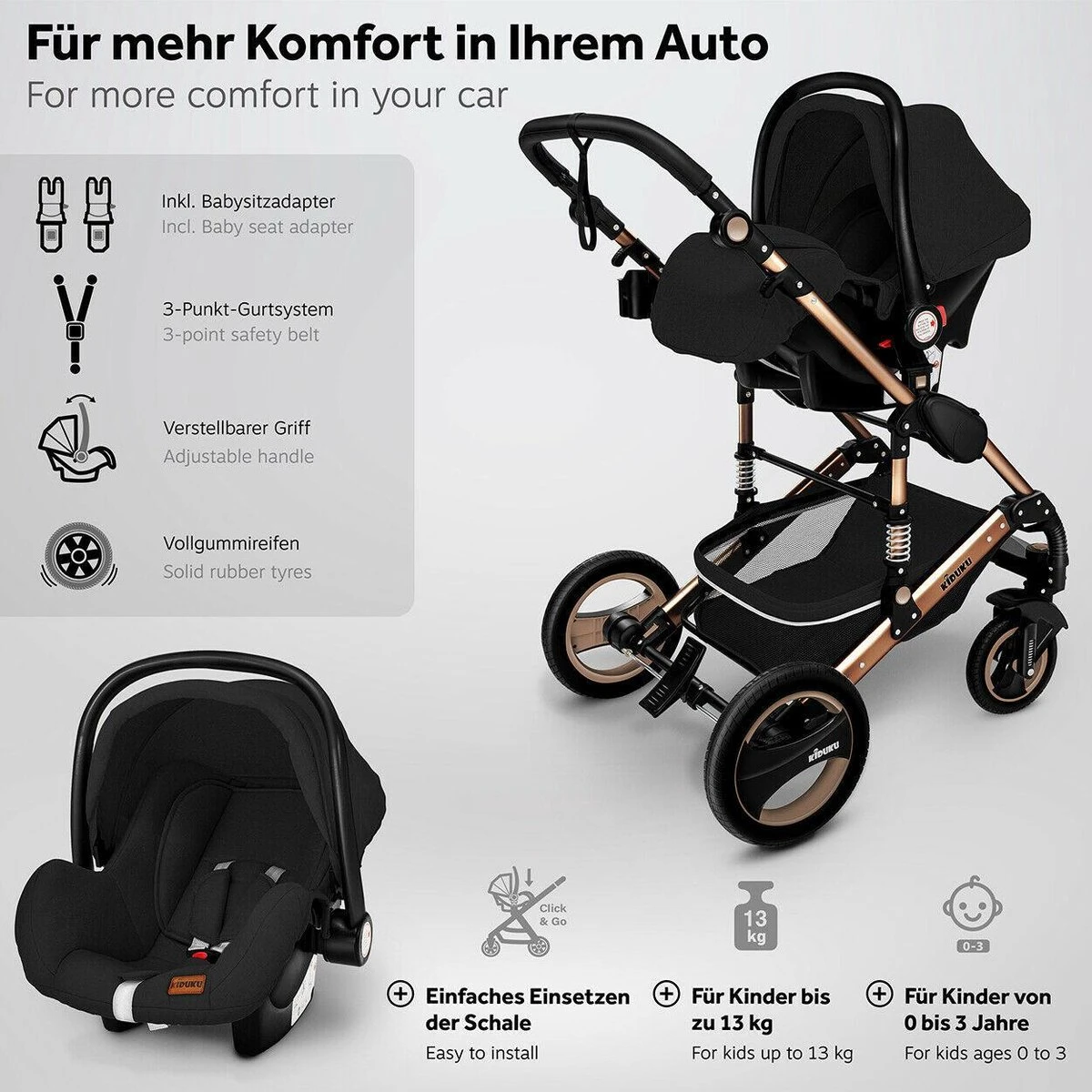 KIDUKU- 3 In 1 Combi-kinderwagen- Zwart/goud- Buggy Incl. Autostoeltje-regenhoes- Inklapbaar - Image 10