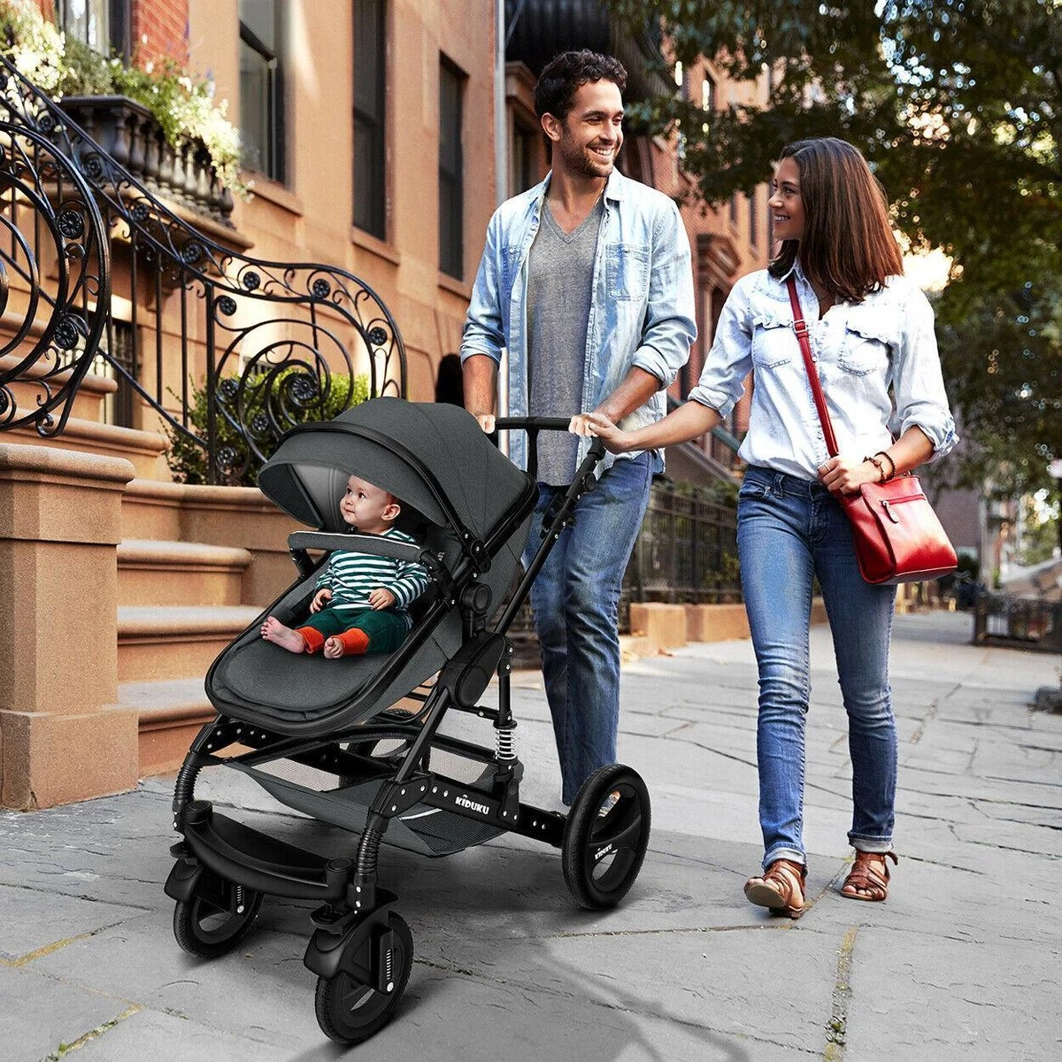 KIDUKU- 3 In 1 Combi-kinderwagen- Antraciet/zwart Buggy Incl. Autostoeltje-regenhoes- Inklapbaar - Image 4