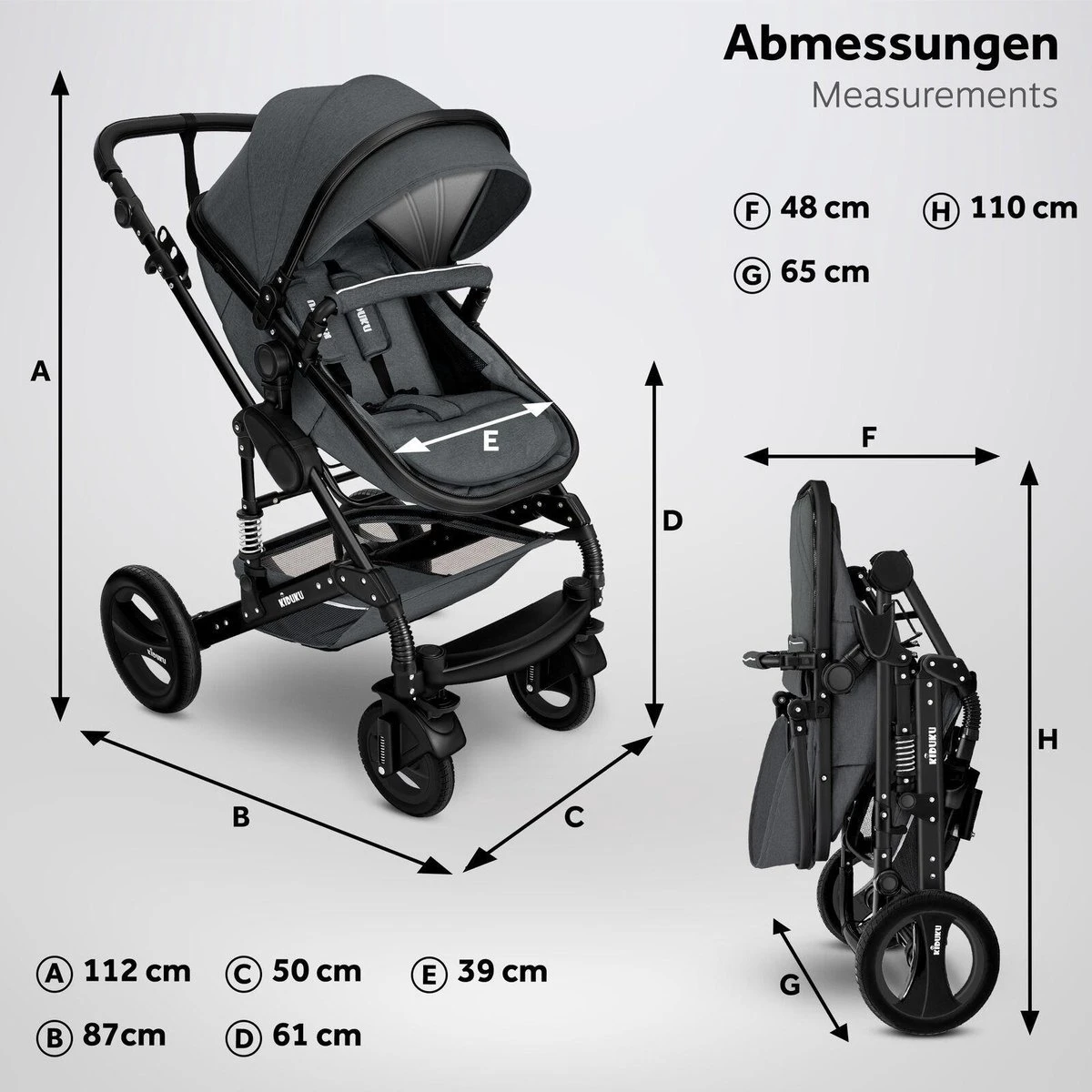 KIDUKU- 3 In 1 Combi-kinderwagen- Antraciet/zwart Buggy Incl. Autostoeltje-regenhoes- Inklapbaar - Image 7