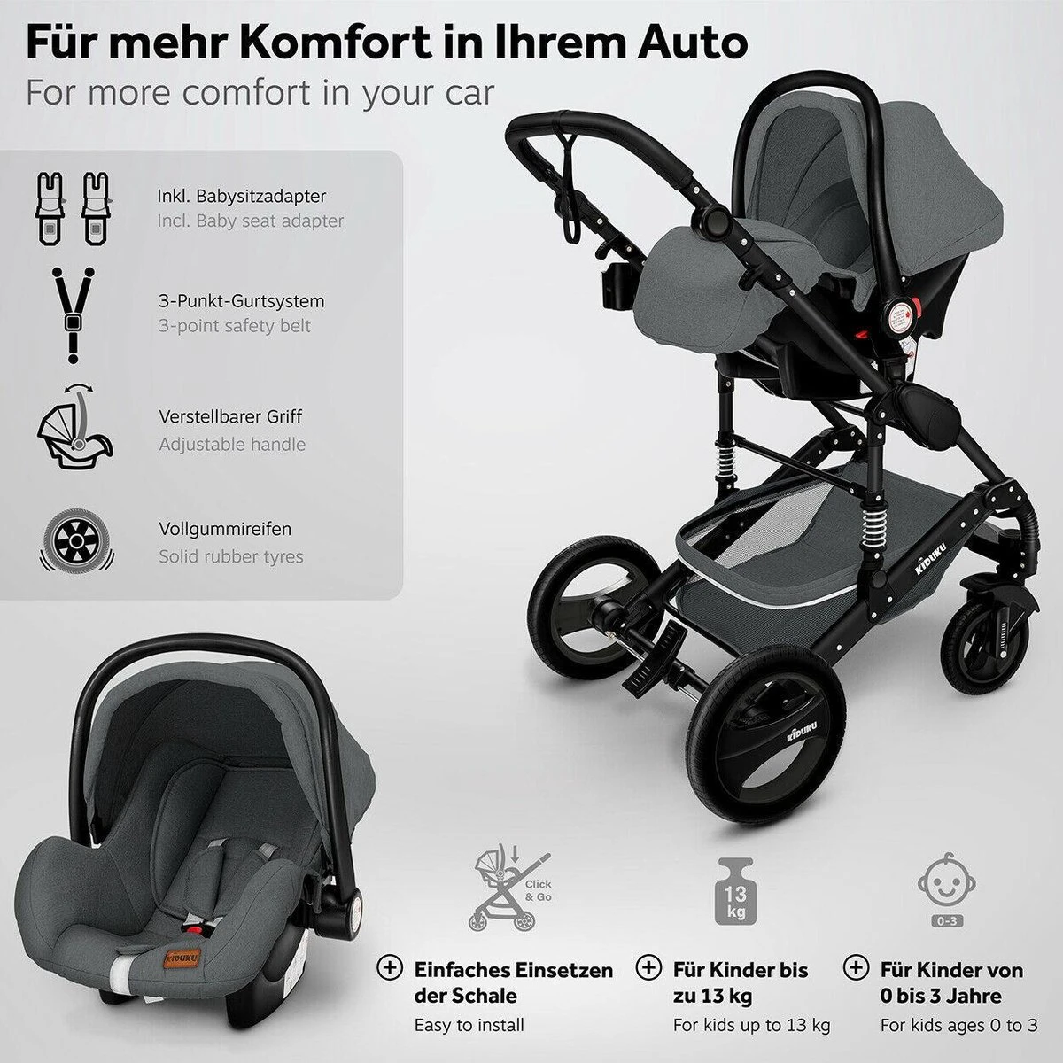 KIDUKU- 3 In 1 Combi-kinderwagen- Antraciet/zwart Buggy Incl. Autostoeltje-regenhoes- Inklapbaar - Image 8