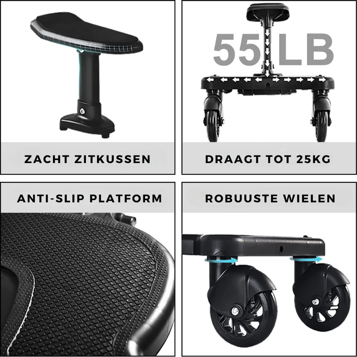 Merkloos Kinderwagen/Buggy Meerijdplankje - Kant & Klaar - In Elkaar Gezet - Universeel – Met Zitje – Verstelbaar – Zwart - Image 5