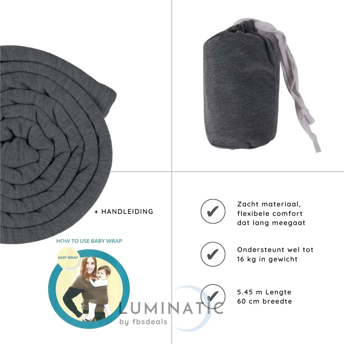 Baby Draagdoek - Babywrap - Baby Carrier - Babydrager - Buikdrager Baby – Baby Draagzak - Baby Sling | Luminatic® | Ergonomisch | Met Tasje | Donker Grijs - Image 5