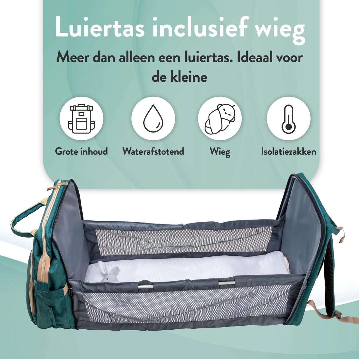 Luiertas Rugzak - Monx Luiertas Verzorgingstas Met Uitklapbaar Babybedje - Overzichtelijke Luierrugzak Extra Buggy En Kinderwagen Haken Inclusief Geïsoleerde Flessenhouder - Groen - Image 5