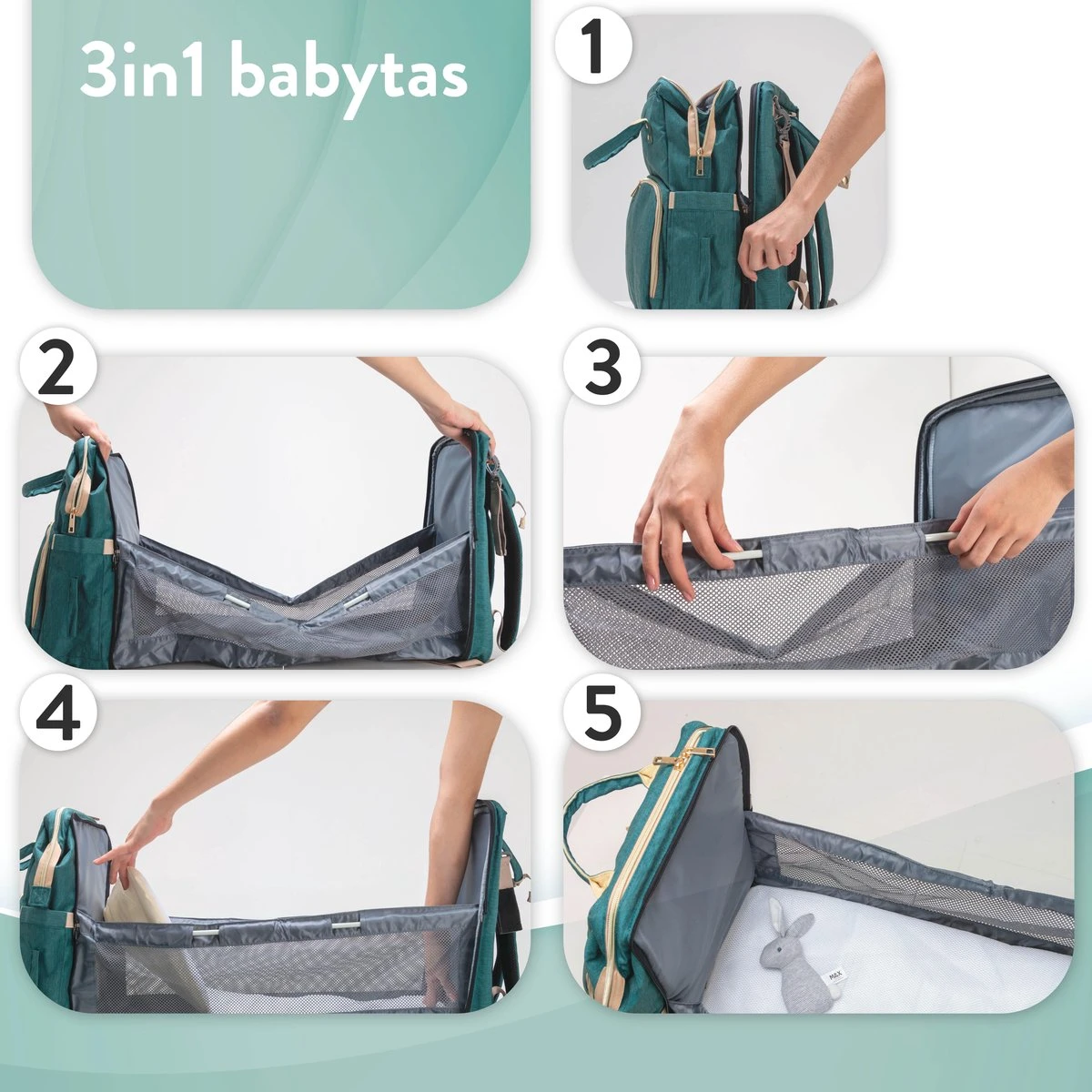 Luiertas Rugzak - Monx Luiertas Verzorgingstas Met Uitklapbaar Babybedje - Overzichtelijke Luierrugzak Extra Buggy En Kinderwagen Haken Inclusief Geïsoleerde Flessenhouder - Groen - Image 6