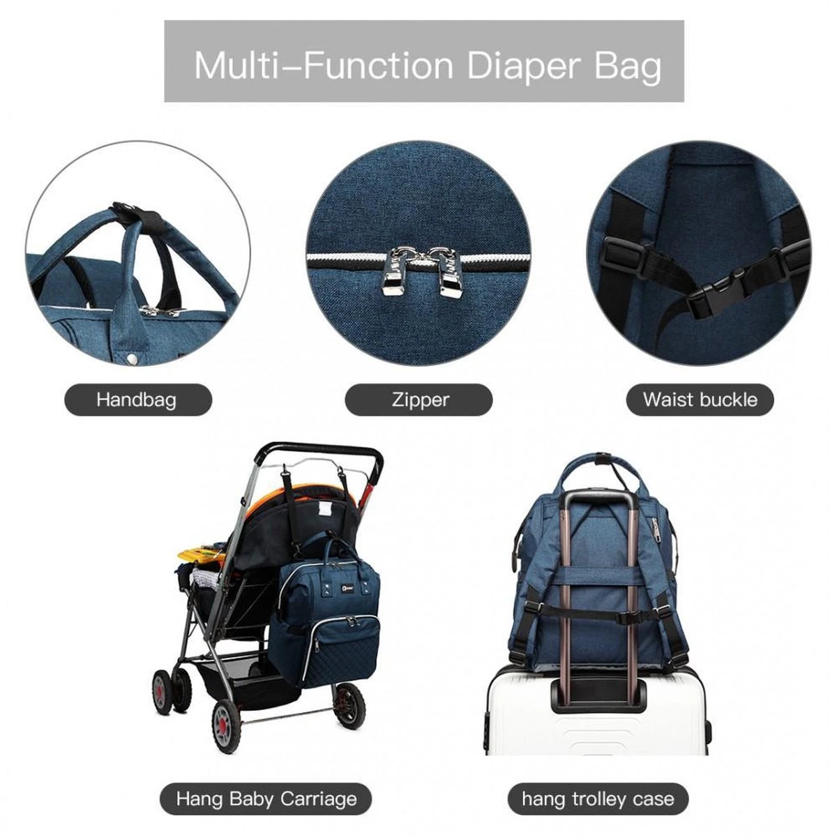 Miss Lulu Luiertas Rugzak - Luiertas Met USB Oplaadstation - Baby Tas Inclusief Buggy En Kinderwagen Haken - Blauw (E6705USB NY) - Image 4