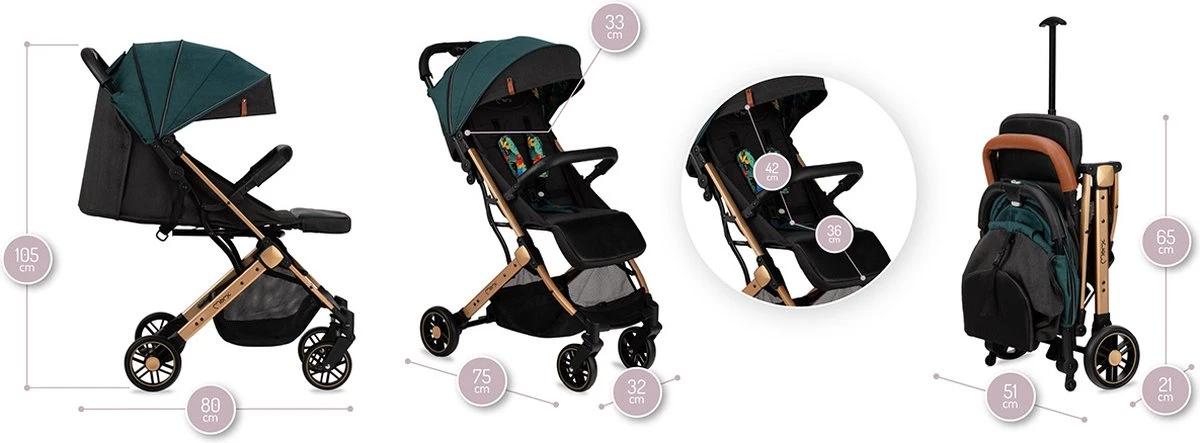 MoMi Wandelwagen - Compacte Lichtgewicht Buggy - Estelle - Green-Gold (geschikt Van 6mnd - 15kg) - Image 10