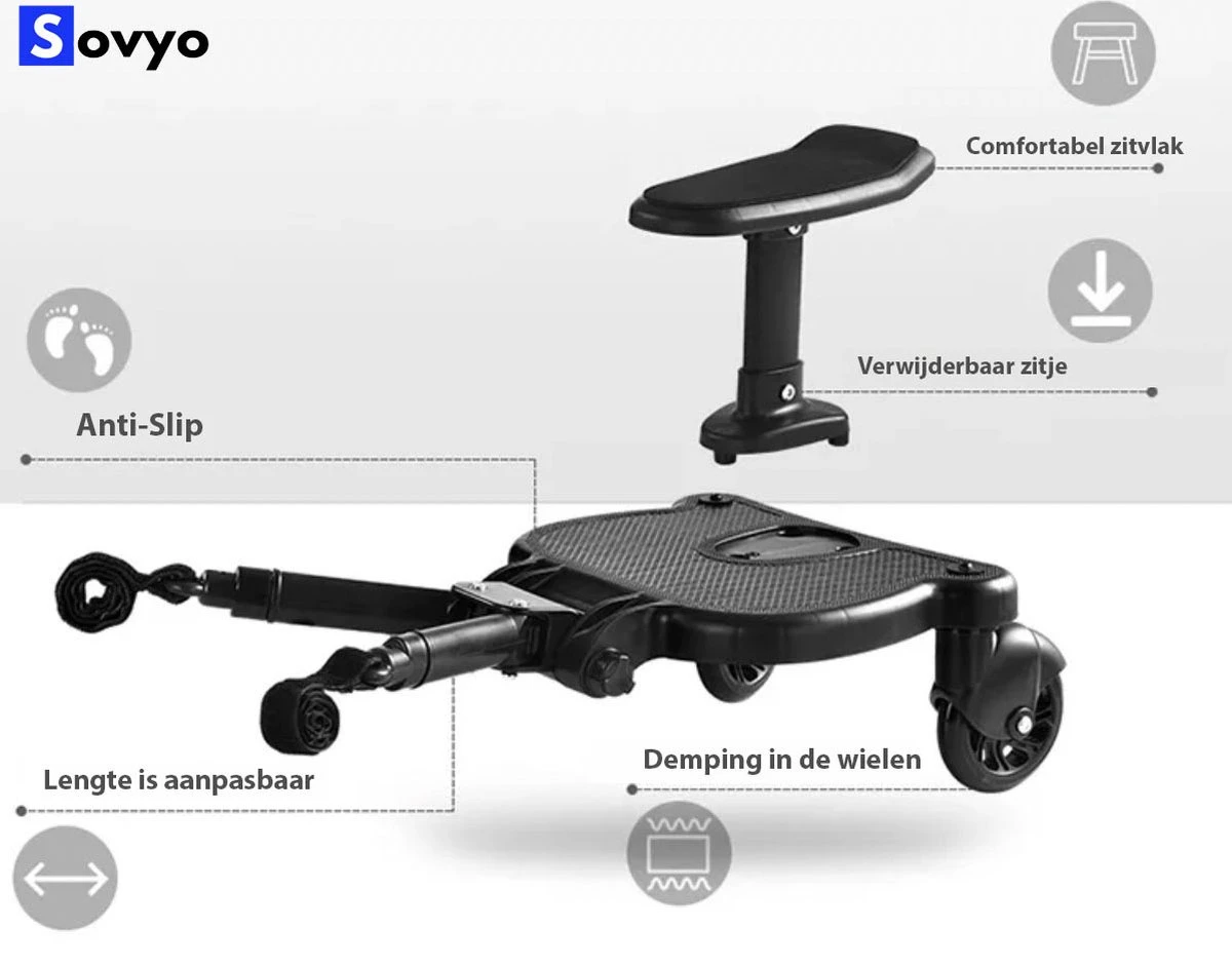 Merkloos Meerijdplankje Universeel Buggy/Kinderwagen - Kinderwagen Accessoire Met Afneembaar Zitje Van Hoogwaardige Kwaliteit - Verstelbaar Meerijdplankje - Image 9