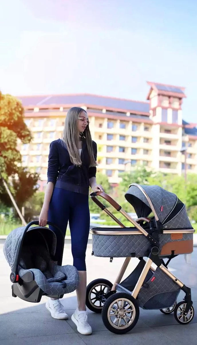 Merkloos Luxe Multi-functionele 3 In 1 Kinderwagen - Kwalitatieve Buggy - Opklapbare Wandelwagen - Khaki - Afbeelding 4