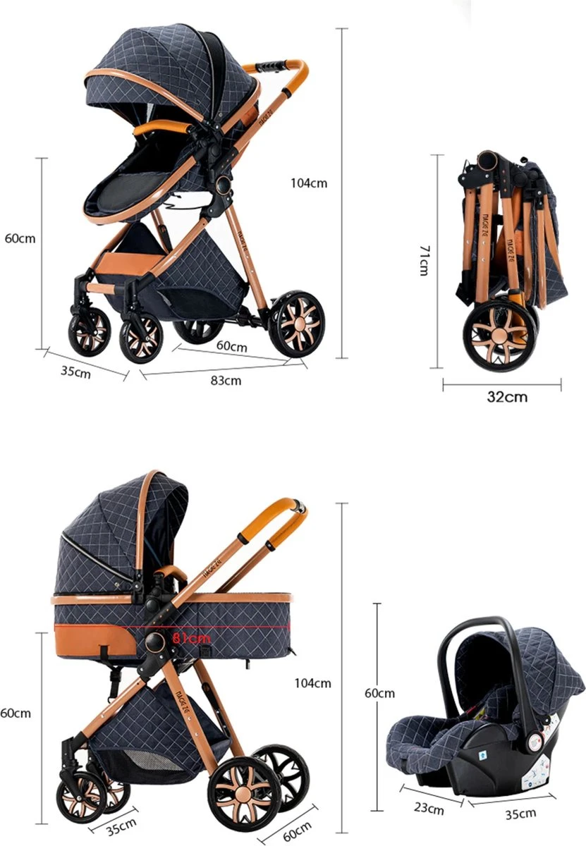 Merkloos Kinderwagen 3-in-1 – Luxe Kinderwagen - Buggy – Wandelwagen - Multifunctioneel – Opklapbaar – Incl Autostoel – Blauw - Image 4