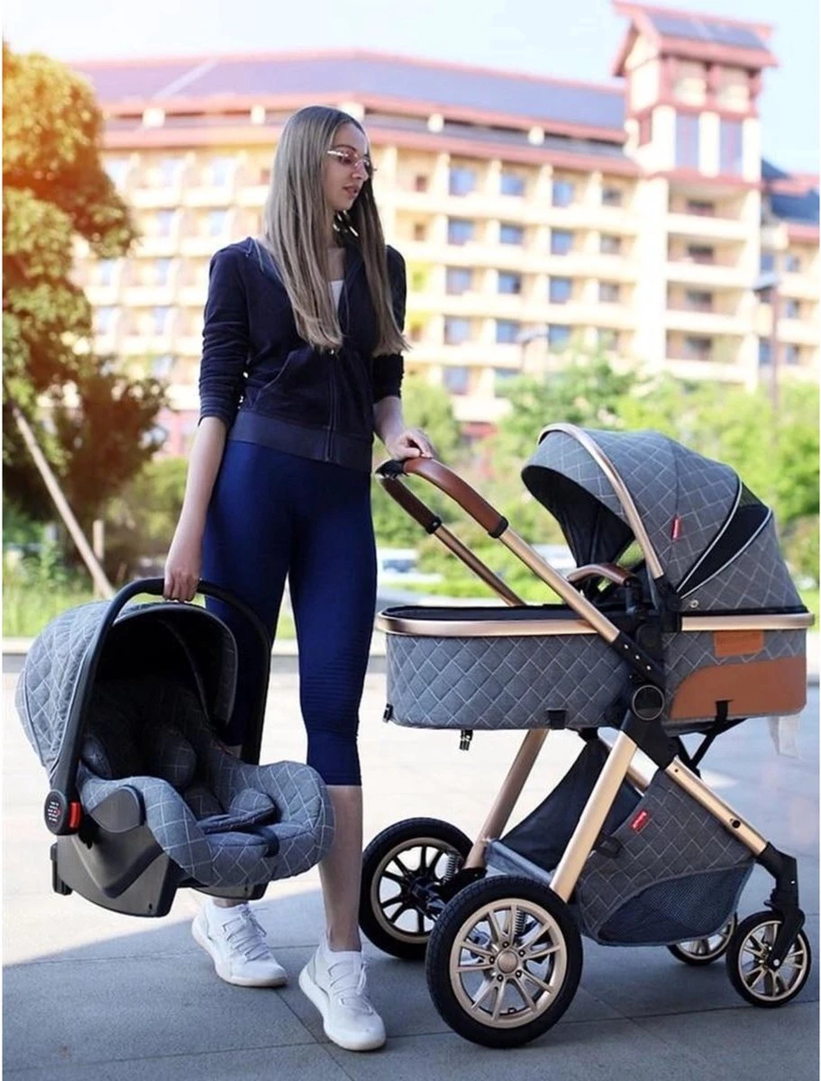 Merkloos Kinderwagen 3-in-1 – Luxe Kinderwagen - Buggy – Wandelwagen - Multifunctioneel – Opklapbaar – Incl Autostoel – Grijs - Image 5