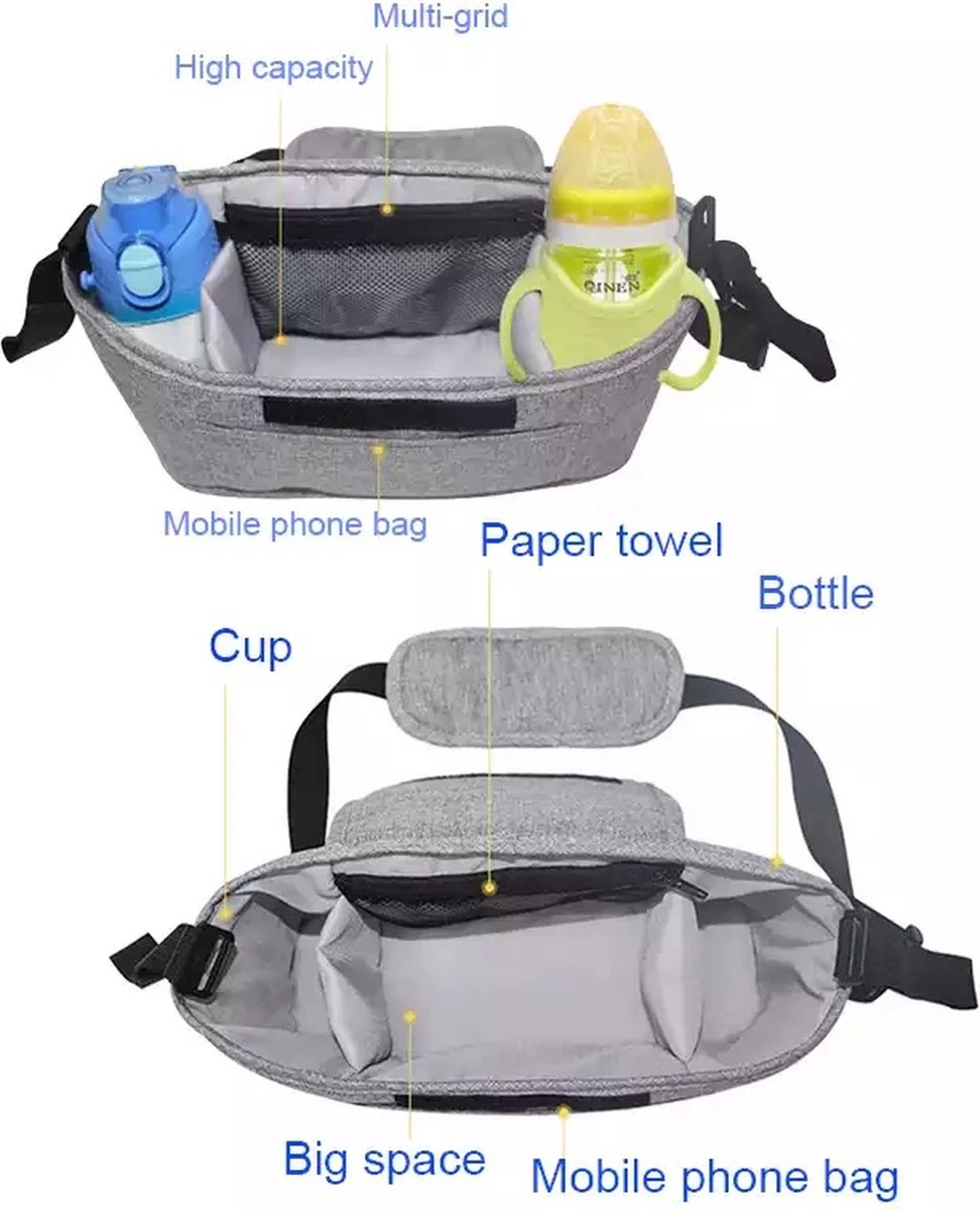 3 In 1 Kinderwagen Tas Universele Wandelwagen | Luiertas Draagtas Reistas Met Fles En Bekerhouder | - Zwart - Image 8